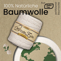 Baumwollgarn Makramee Garn 3mm aus 100% OEKO-TEX Baumwolle myHodo (Natur)