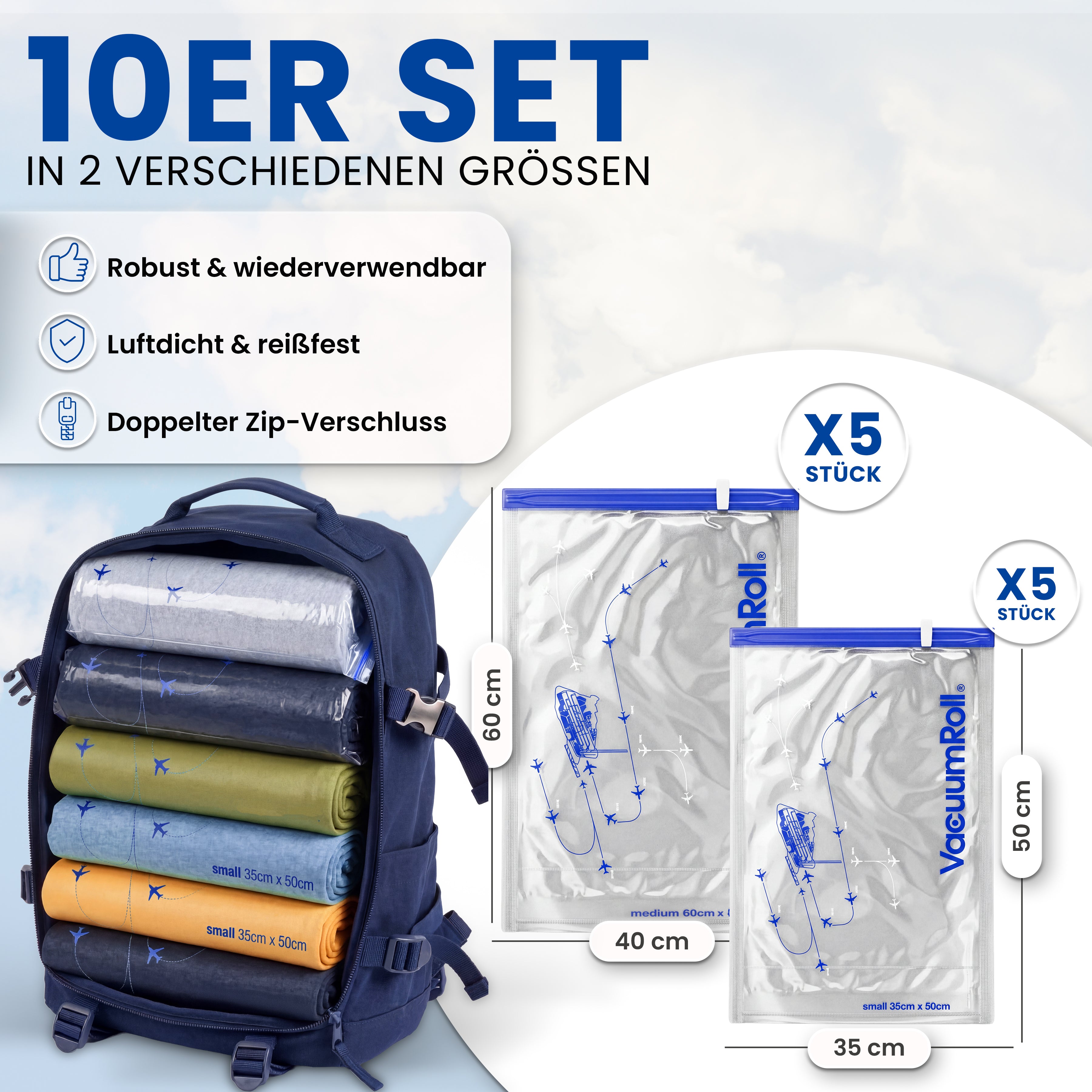 10er Set Vakuumbeutel für Reisen | 80% Platz sparen