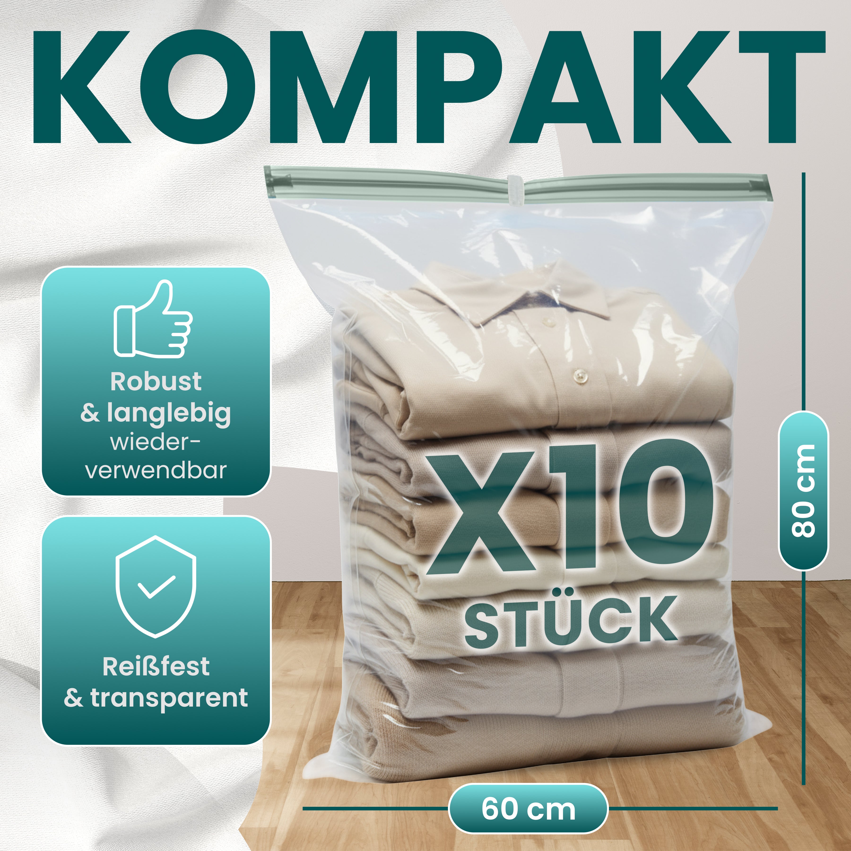 Vakuumbeutel für Kleidung (60x80 cm)| 80% Platz sparen mit MYHODO